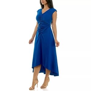 Maison Tara Royal Blue High Low Dress Cap Sleeves Sz 14 Ruched Front V-neck